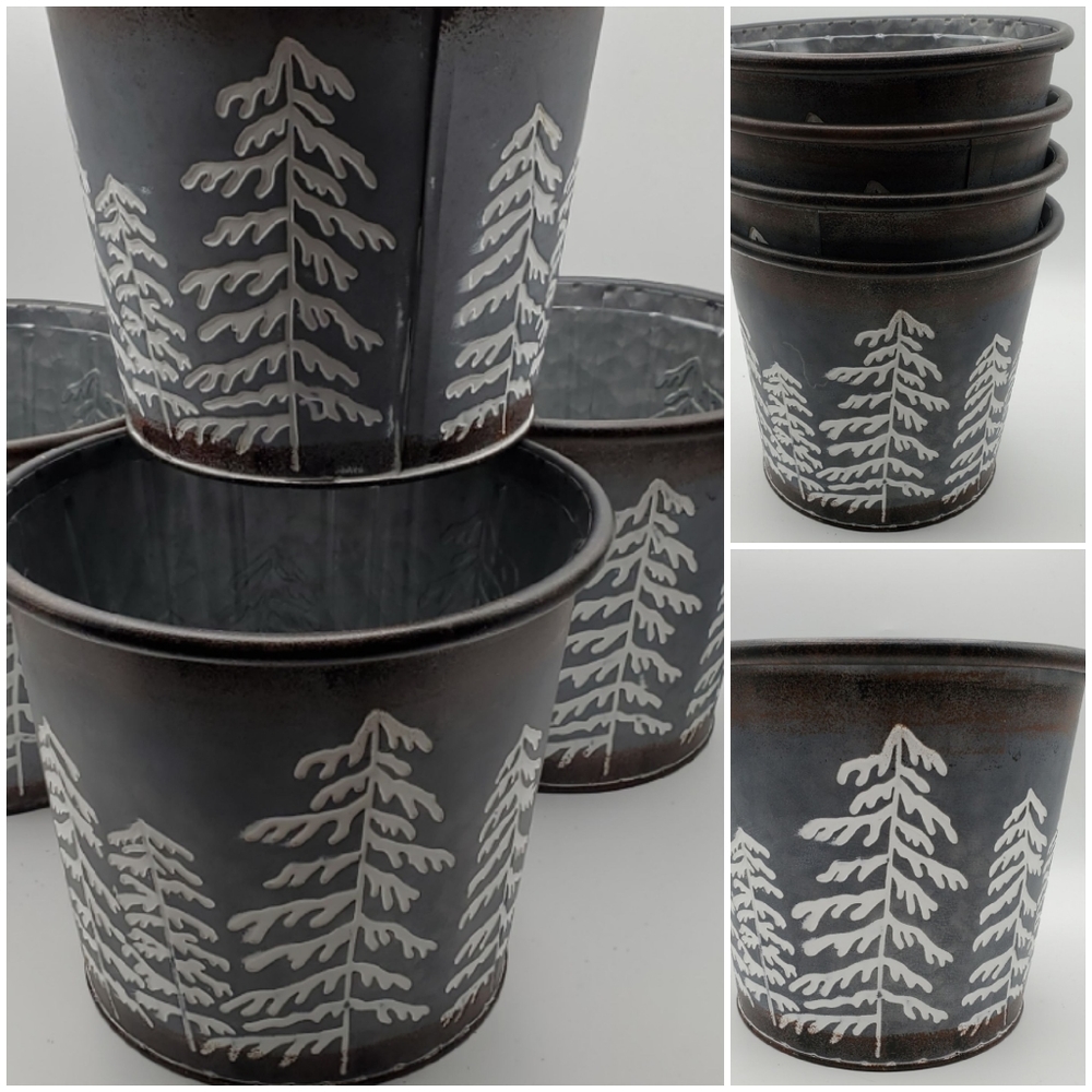 New Set of 4 Winter Snowy Tree Silver Metal Plant Pots